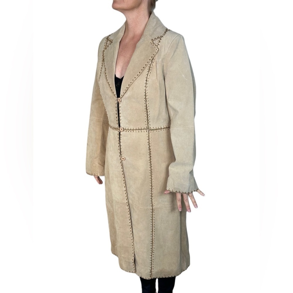 60’s SUEDE PATCHWORK Stylish Beige Women's Trench Coat like new beautiful Size L - Picture 4 of 13